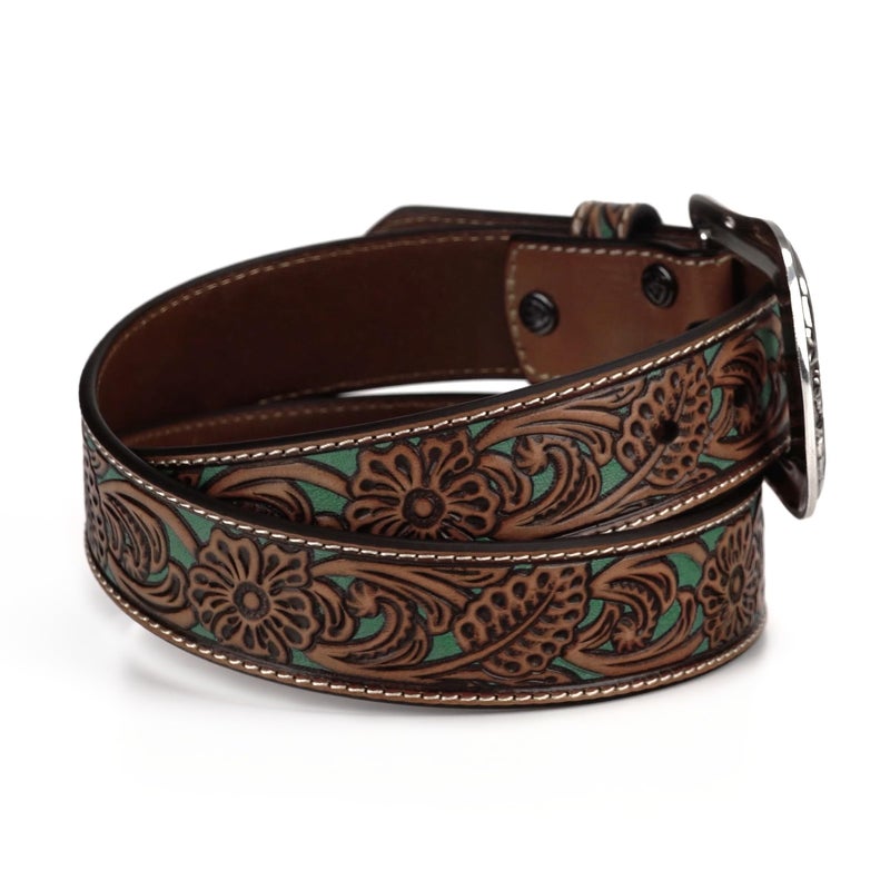 ARIAT Women's Floral Pierced Leather Turquoise Underlay Belt, Tan, X-Large - Image 5