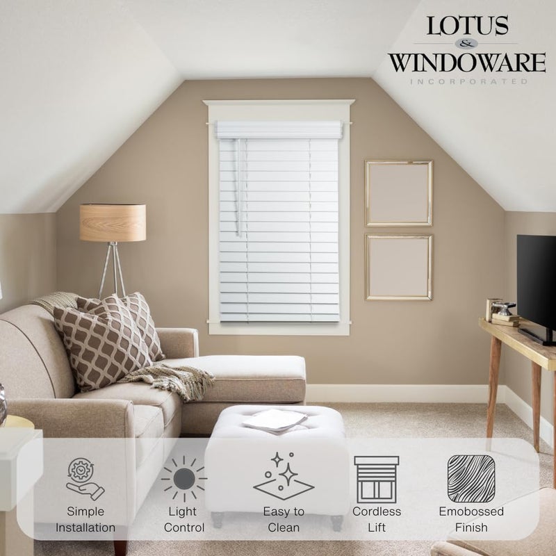 Lotus & Windoware Cordless, 2 Inch Faux Wood Blind, 35" Wide x 60" Long, Window Blinds, Blinds & Shades, Blinds for Indoor Windows, Embossed, Bright White - Image 3