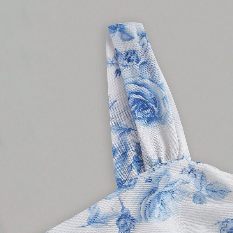 Women's Blue and White Porcelain Print Bodycon Mermaid Dress with Spaghetti Straps - Image 3
