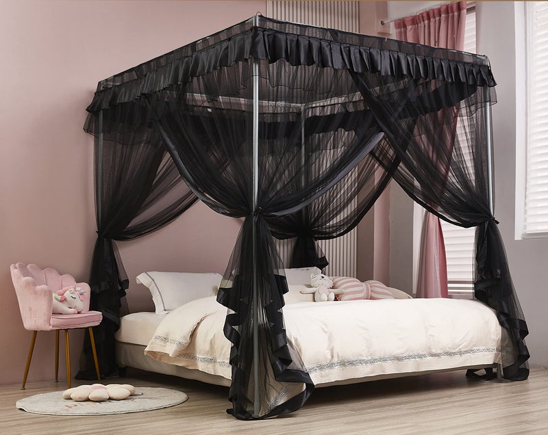 Mengersi 4 Corner Post Bed Canopy Bed Curtains Mosquito Net Bedroom Decoration Accessories Twin Black