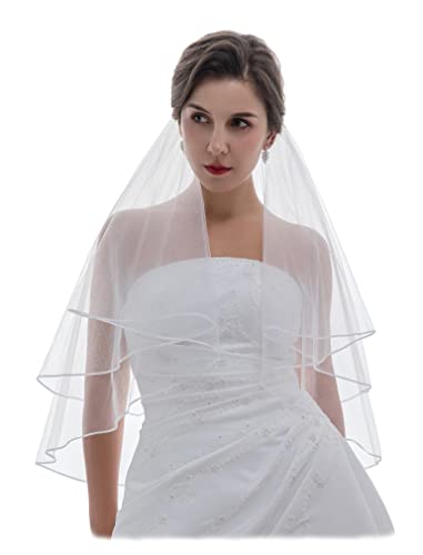 SAMKY 2T 2 Tier 1/8" Ribbon Edge Center Gathered Veil - Light Ivory Elbow Length 30" - Image 1