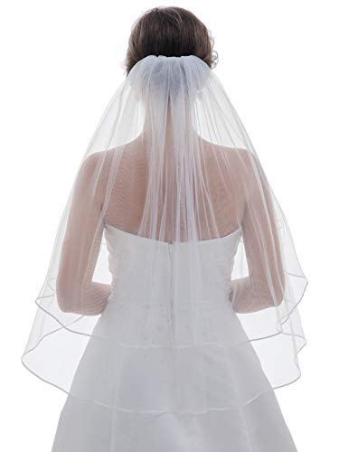 SAMKY 2T 2 Tier 1/8" Ribbon Edge Center Gathered Veil - Light Ivory Elbow Length 30" - Image 2