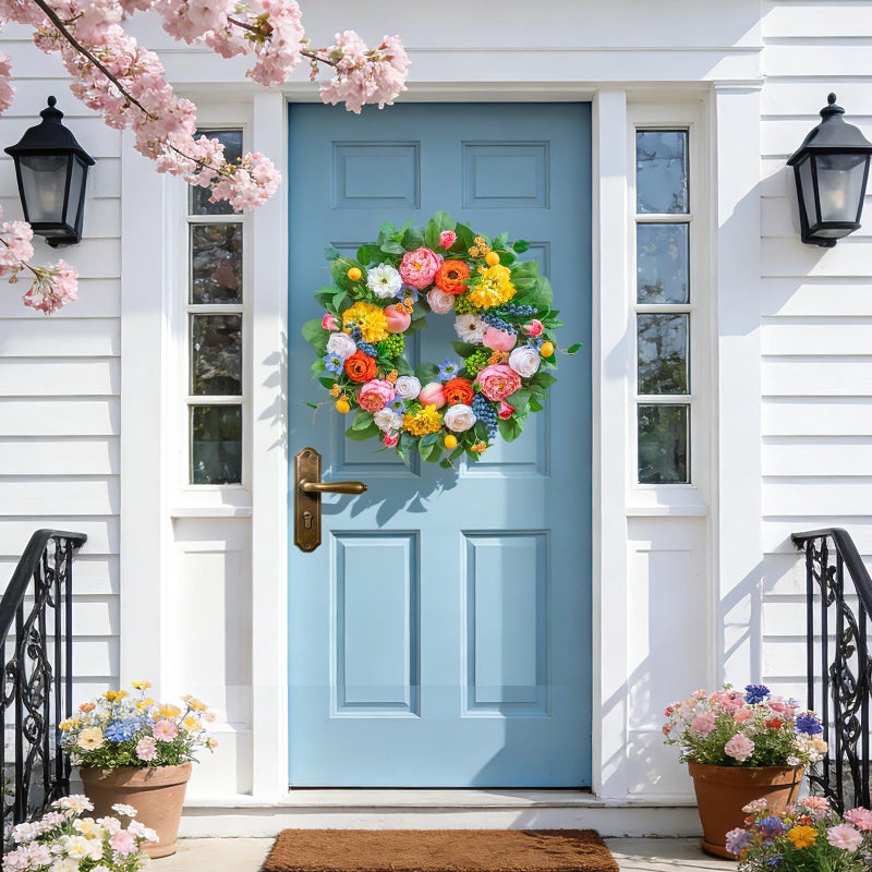 Pinkpuii Spring Wreaths for Front Door 24 Inch Vibrant Spring Summer Wreath with Peonies,Roses,Marigolds,Blueberries & Realistic Fruit Accents (Peach, Lemon)- Ideal for Porch,Entryway,Wall,Window - Image 4