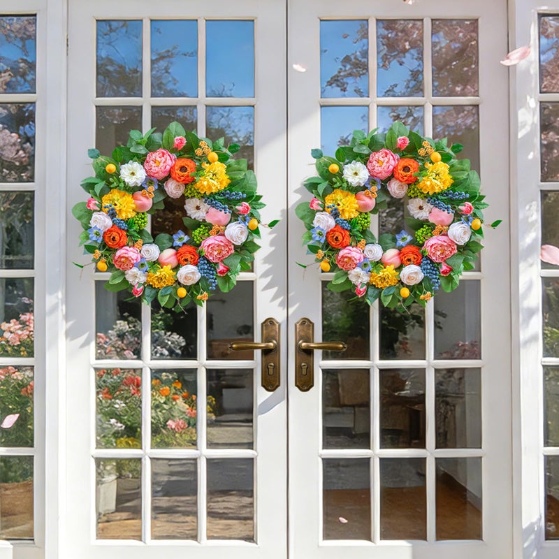 Pinkpuii Spring Wreaths for Front Door 24 Inch Vibrant Spring Summer Wreath with Peonies,Roses,Marigolds,Blueberries & Realistic Fruit Accents (Peach, Lemon)- Ideal for Porch,Entryway,Wall,Window - Image 5