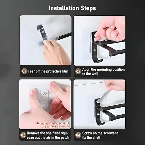 MorivaHomes Self-Adhesive Wall Mounted Aluminium Double Rod Towel Bar with Hook Bathroom Towel Holder/Bathroom Accessories (50CM)(Black, Pack of 2) - Image 5