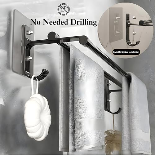MorivaHomes Self-Adhesive Wall Mounted Aluminium Double Rod Towel Bar with Hook Bathroom Towel Holder/Bathroom Accessories (50CM)(Black, Pack of 2) - Image 4