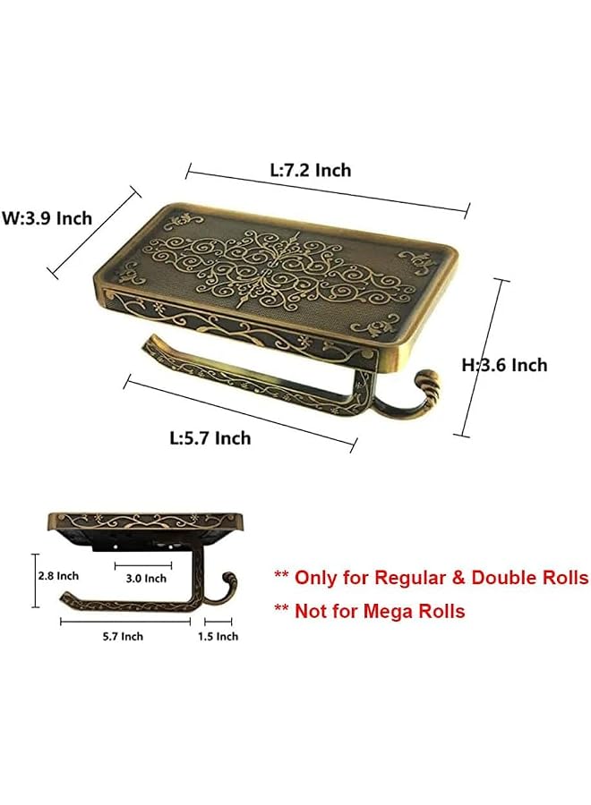 S-TOP Toilet Paper Holder, Vintage Wall Mount Roll Holder with Shelf & Hook, Antique Bathroom Accessory, Aluminum Tissue Roll Hanger (Brass Finish) - Image 4