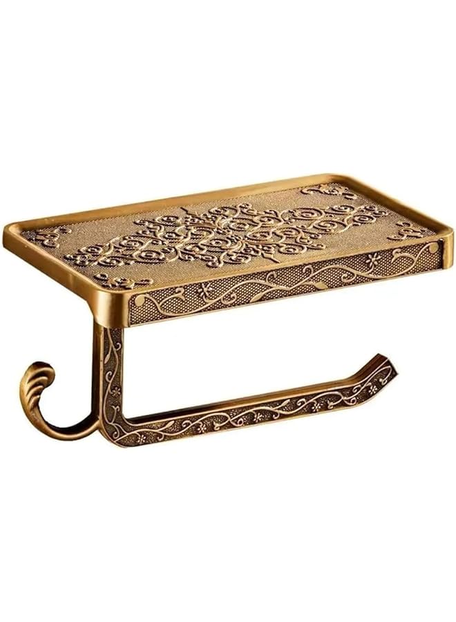 S-TOP Toilet Paper Holder, Vintage Wall Mount Roll Holder with Shelf & Hook, Antique Bathroom Accessory, Aluminum Tissue Roll Hanger (Brass Finish) - Image 1