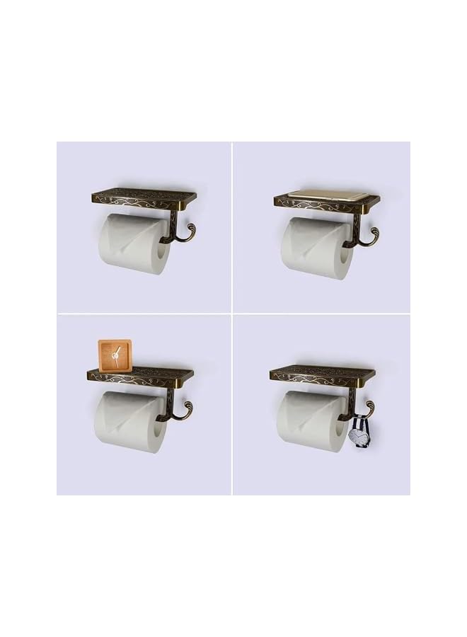 S-TOP Toilet Paper Holder, Vintage Wall Mount Roll Holder with Shelf & Hook, Antique Bathroom Accessory, Aluminum Tissue Roll Hanger (Brass Finish) - Image 5