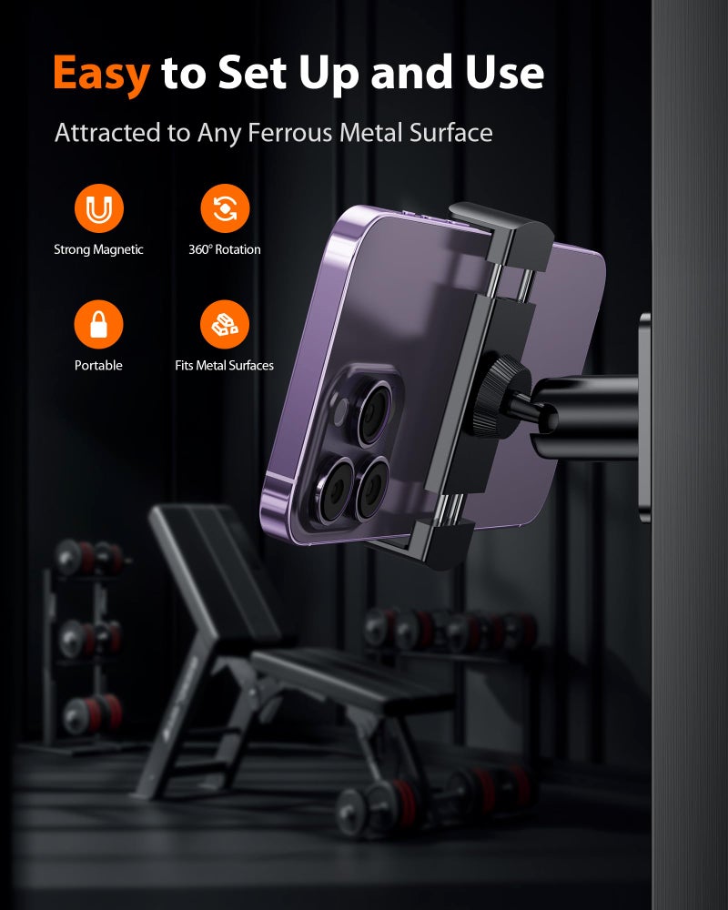Stouchi Gym Magnetic Phone Holder, 360° Adjustable [N55 Dual Magnet] Phone Mount Gym Accessories for Women/Men, All Metal Portable Workout Essentials Compatible with 4.7-6.5" Smartphones, Black - Image 2