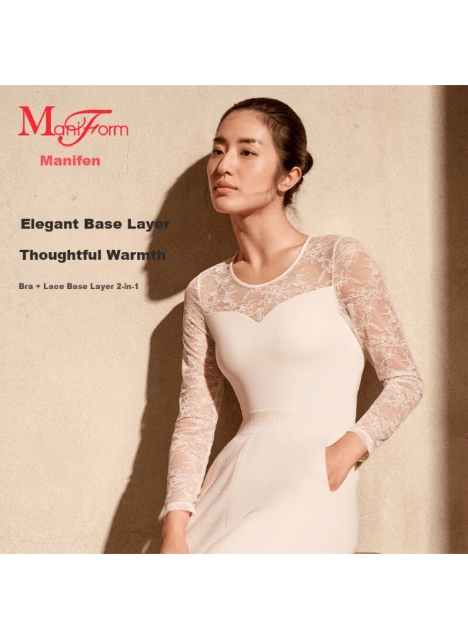 Maniform [comfort Warm Lace] Women's Thermal Underwear Seamless Antibacterial Close-fitting Back Beauty Long Sleeve Base Shirt Autumn Top