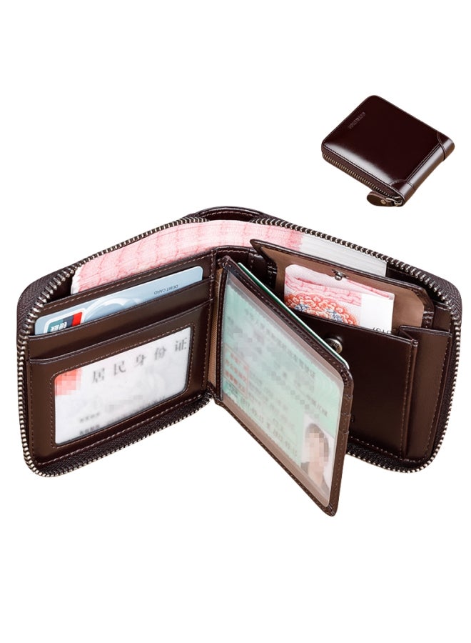 banyanu Short Genuine Leather Large Capacity Men's Multifunctional Cowhide Wallet Coffee Color - Single Loose-Leaf Model - Image 1