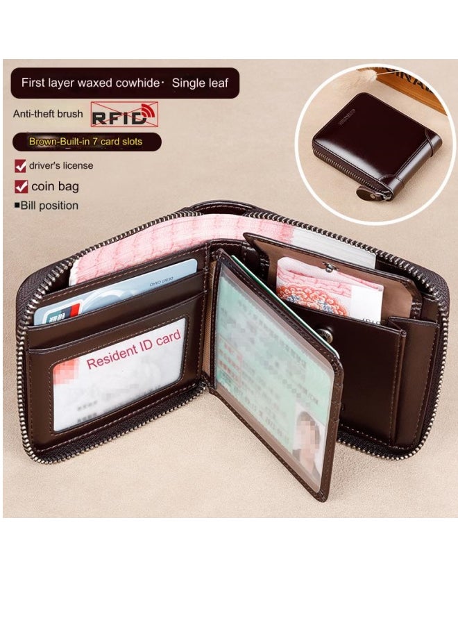 banyanu Short Genuine Leather Large Capacity Men's Multifunctional Cowhide Wallet Coffee Color - Single Loose-Leaf Model - Image 2
