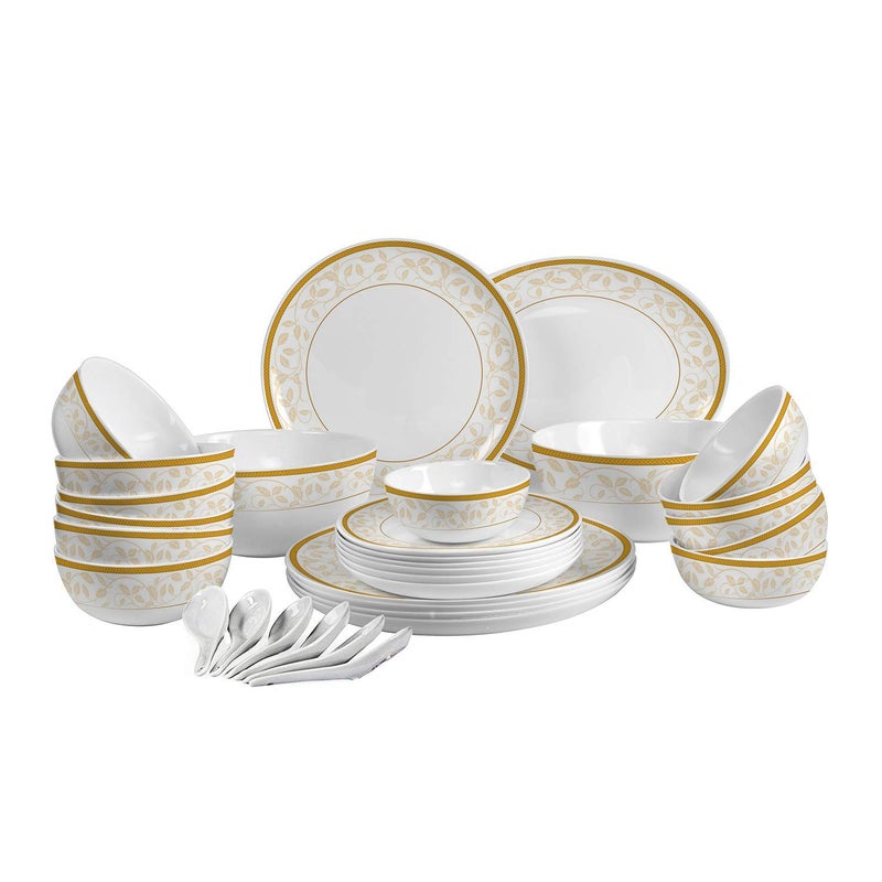 LVOOK Gold Design Oplaware Table Ware Dinning and Dinner Set Series with Plate Bowl Soup Spoons Set Pack of 33 White - Image 1
