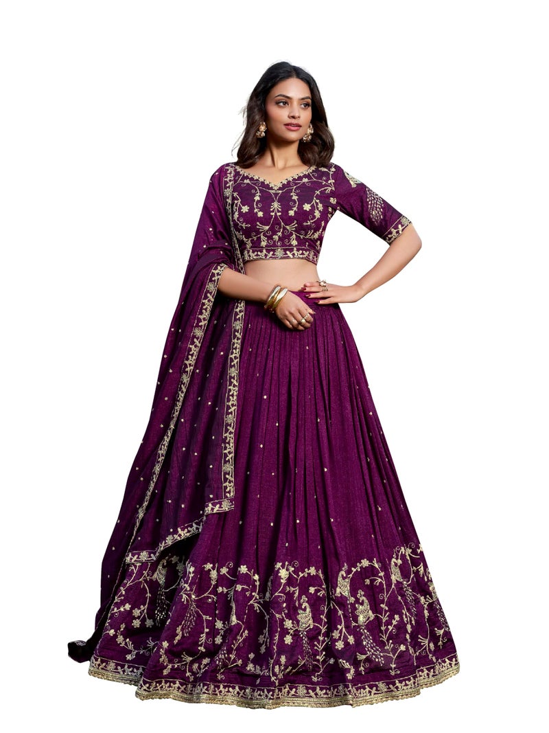 TRENDMALLS Women's Art Silk Embroidery Sequin Work Lehenga Choli With Dupatta (L280-Purple-Semi-stitched) - Image 1