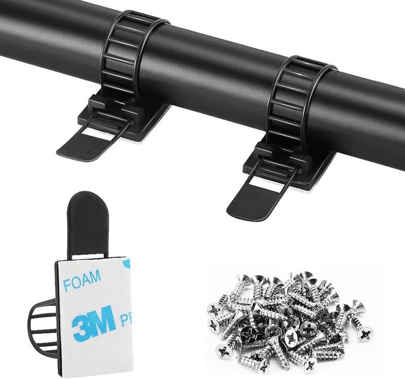 VAMRONE Adhesive Cable Management Clips, 50Pcs Adjustable Nylon Cable Strap Ties Wire Clips Clamps Organizer with Strong Adhesive Tape, Extra Screw & Hole for Strong Fixation Home Office - 3.55 Inch Black - Image 1