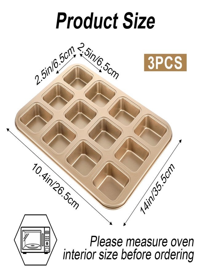 Xaajooio 3 Pcs Brownie Pan with Dividers, 12 Cavity Square Non-Stick All Edges Carbon Steel Baking Pan for Brownies, Cupcakes, Cookies, and Bread, Gold - Image 2