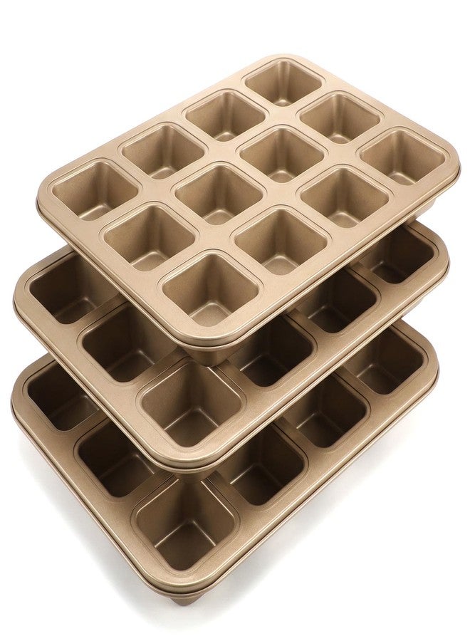 Xaajooio 3 Pcs Brownie Pan with Dividers, 12 Cavity Square Non-Stick All Edges Carbon Steel Baking Pan for Brownies, Cupcakes, Cookies, and Bread, Gold - Image 1