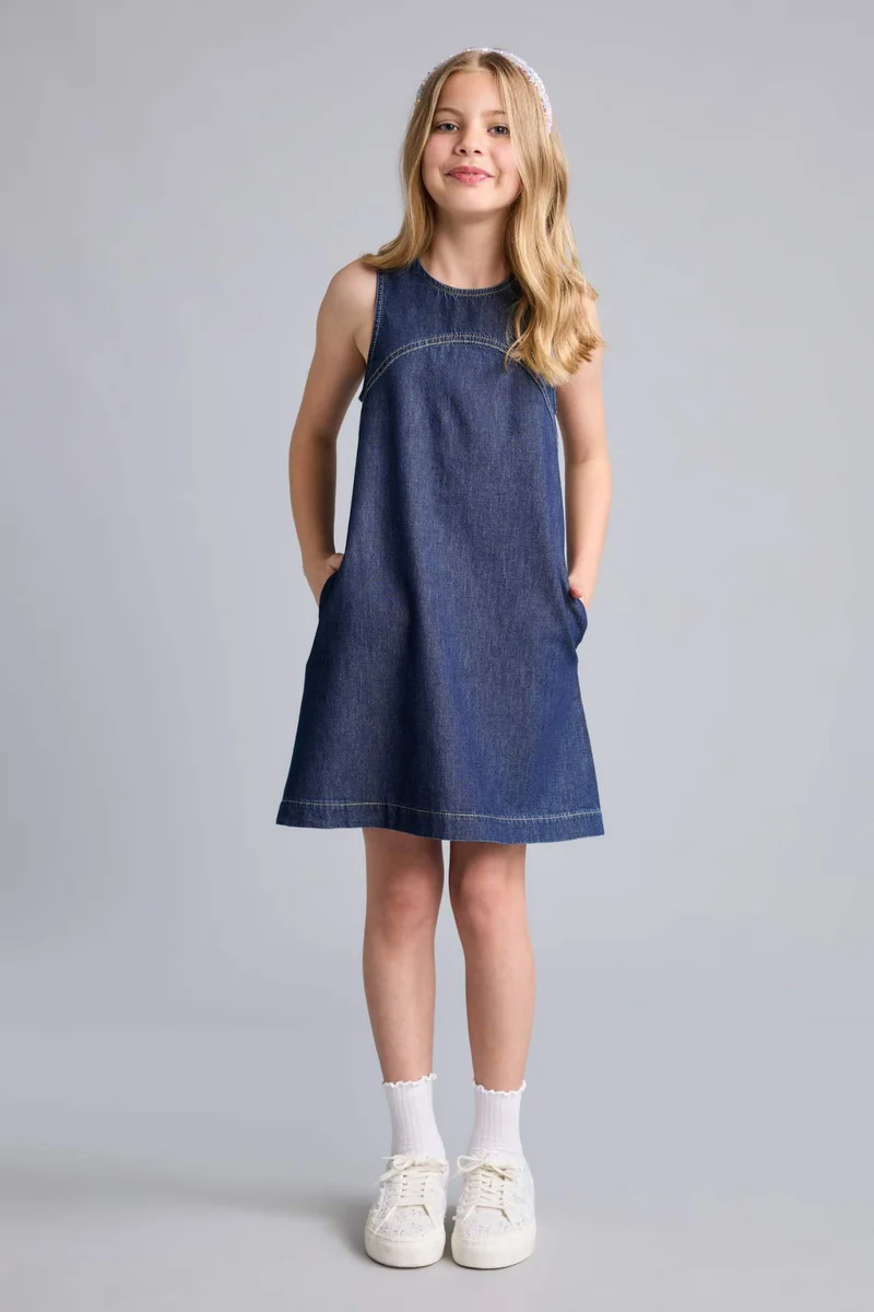 Defacto Girl Crew Neck Denim Mini Navy Blue Dress