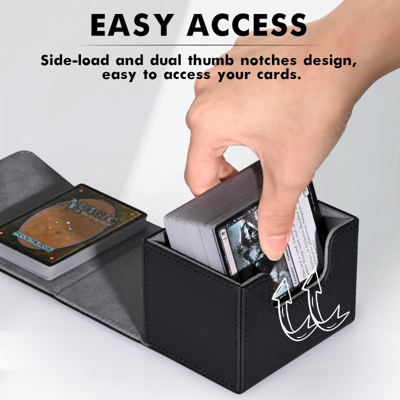 ZLCA صندوق بطاقات ZLCA لتجارة البطاقات، صندوق بطاقات MTG Commander يحمل 120+ بطاقة مغلفة فردية، صندوق تخزين بطاقات جلدية مغناطيسية يناسب بطاقات TCG CCG السحرية (أسود) - Image 5