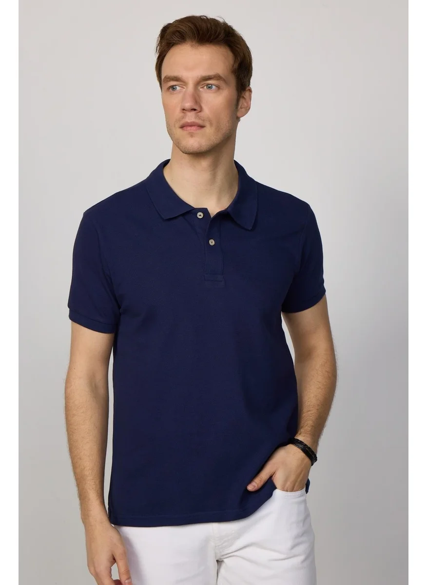 Tudors Men's Slim Fit Narrow Cut Cotton Plain Pique Navy Blue Polo Collar T-Shirt