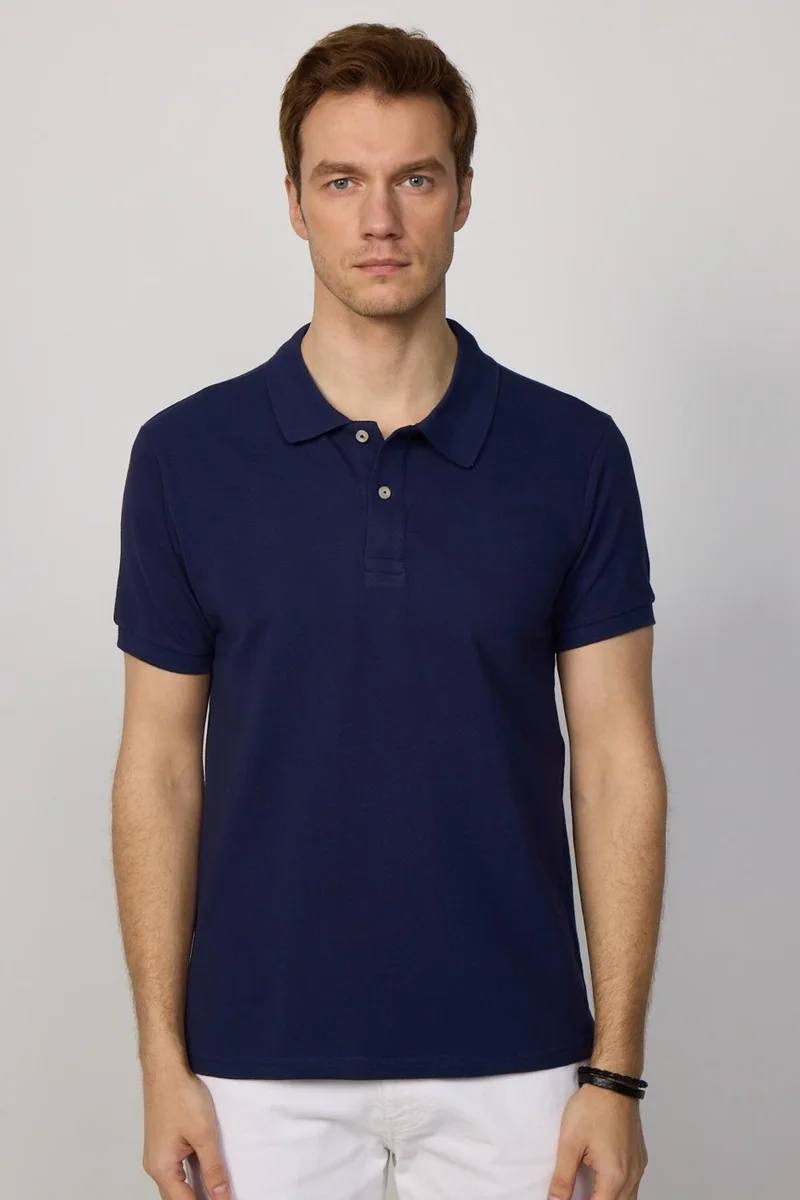 تودورس Men's Slim Fit Narrow Cut Cotton Plain Pique Navy Blue Polo Collar T-Shirt