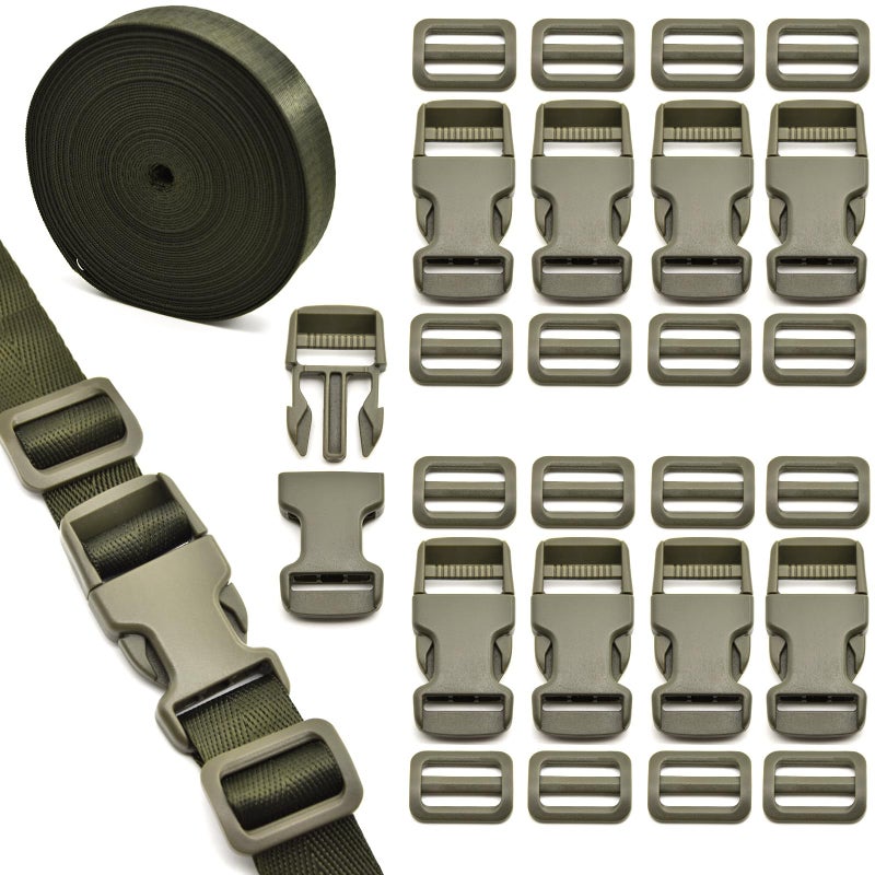 MELORDY 1 inch Buckles Straps Set with 10 Yards Nylon Webbing, 10 pcs Quick Side Release Plastic Buckle, 20 pcs Tri-glide Slide Clip for Luggage and Backpack Replacement (Army Green) - Image 1