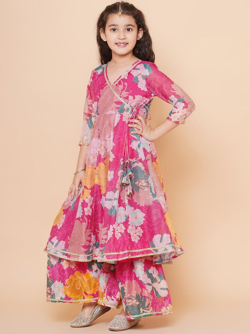 Bitiya By Bhama Girls Pink Floral Printed Angrakha Gotta Patti Kurta with Sharara & With Dupatta(TKS139) - Image 4