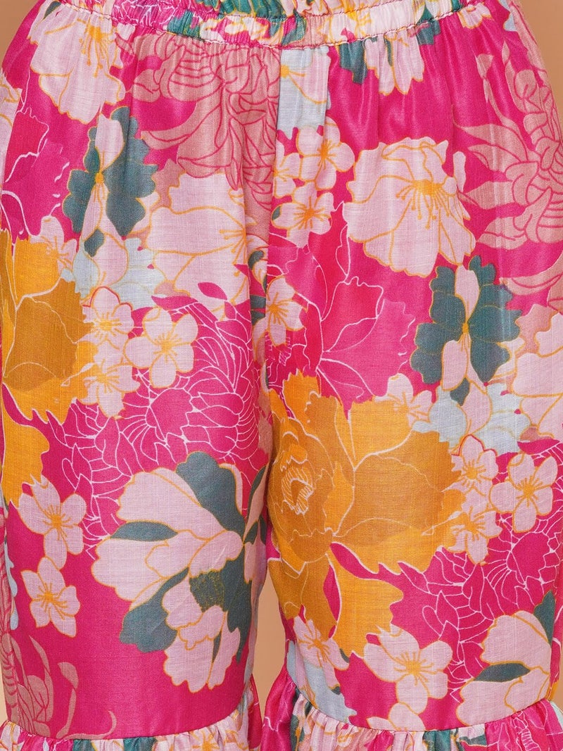 Bitiya By Bhama Girls Pink Floral Printed Angrakha Gotta Patti Kurta with Sharara & With Dupatta(TKS139) - Image 3