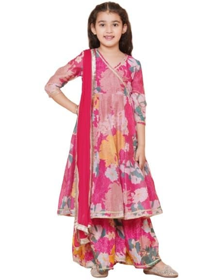Bitiya By Bhama Girls Pink Floral Printed Angrakha Gotta Patti Kurta with Sharara & With Dupatta(TKS139) - Image 5