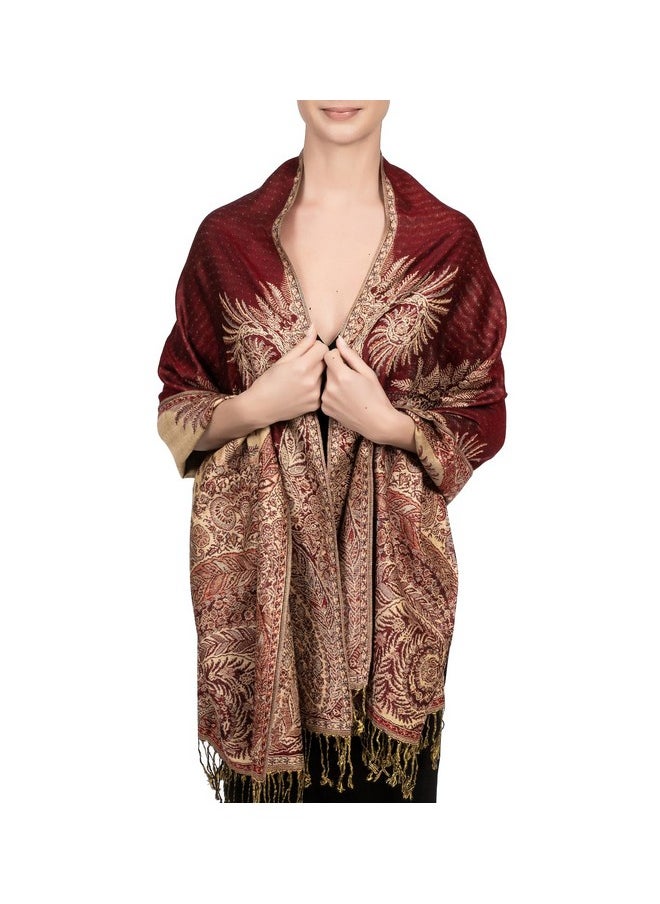 Achillea - Soft Silky Reversible Paisley Pashmina Shawl Wrap Scarf W/Fringes (Big Paisley Burgundy) - Image 1
