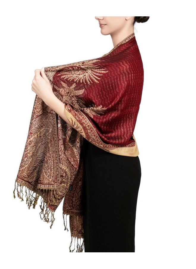 Achillea - Soft Silky Reversible Paisley Pashmina Shawl Wrap Scarf W/Fringes (Big Paisley Burgundy) - Image 1