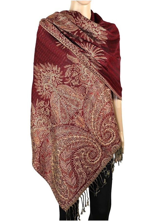 Achillea - Soft Silky Reversible Paisley Pashmina Shawl Wrap Scarf W/Fringes (Big Paisley Burgundy) - Image 1