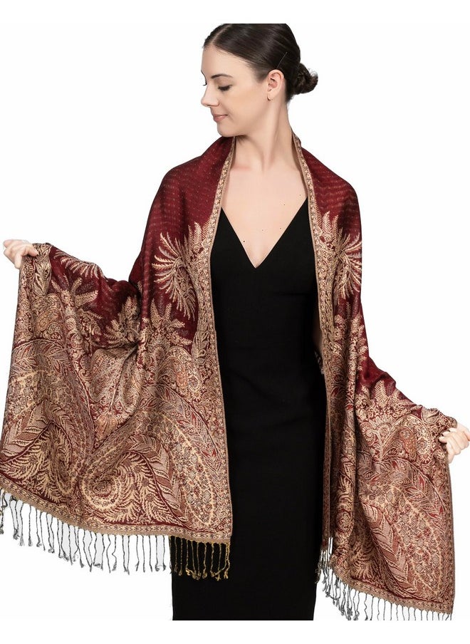 Achillea - Soft Silky Reversible Paisley Pashmina Shawl Wrap Scarf W/Fringes (Big Paisley Burgundy) - Image 1