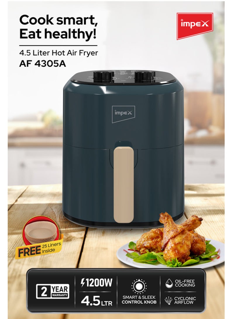 Impex 4.5L Mechanical Air Fryer AF 4305A, 1200W Oil-Free Hot Air Fryer, Adjustable Temperature & 60-Min Timer, Non-Stick Large Capacity Basket, Overheat Protection, Cyclonic Airflow Cool-Touch Handle 4.5 L 1200 W AF 4305A Dark Green - Image 3