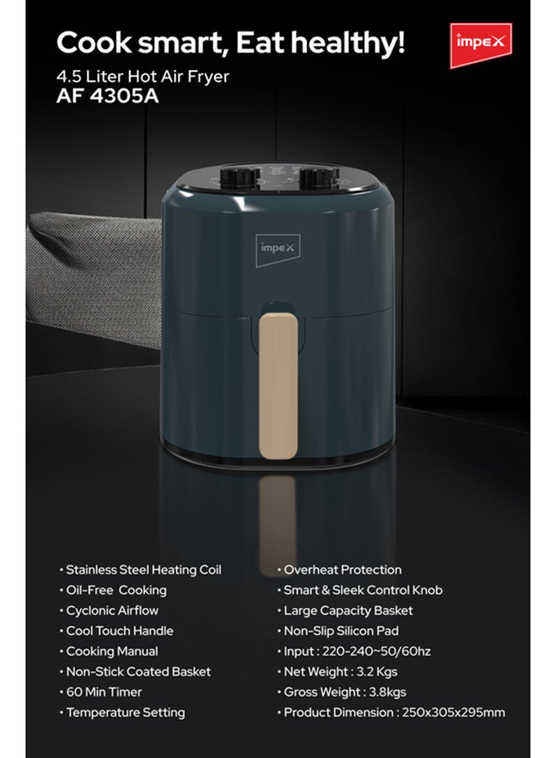 Impex 4.5L Mechanical Air Fryer AF 4305A, 1200W Oil-Free Hot Air Fryer, Adjustable Temperature & 60-Min Timer, Non-Stick Large Capacity Basket, Overheat Protection, Cyclonic Airflow Cool-Touch Handle 4.5 L 1200 W AF 4305A Dark Green - Image 5