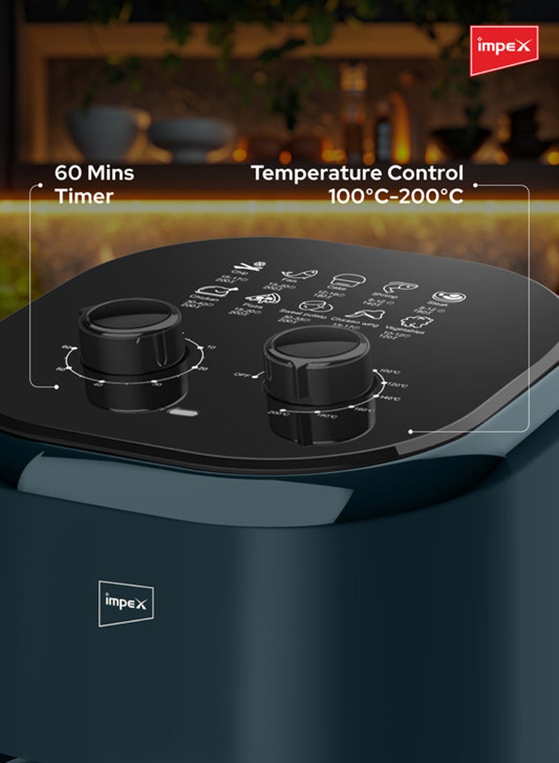 Impex 4.5L Mechanical Air Fryer AF 4305A, 1200W Oil-Free Hot Air Fryer, Adjustable Temperature & 60-Min Timer, Non-Stick Large Capacity Basket, Overheat Protection, Cyclonic Airflow Cool-Touch Handle 4.5 L 1200 W AF 4305A Dark Green - Image 4