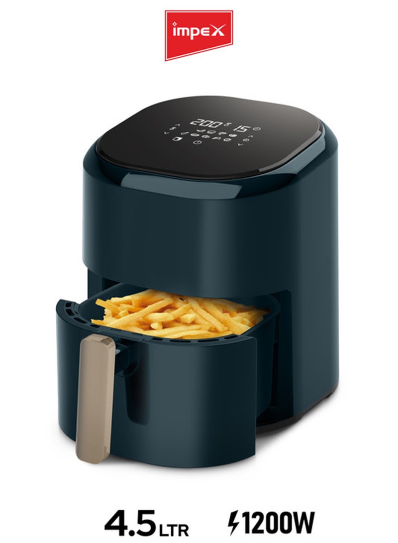 Impex 4.5L Mechanical Air Fryer AF 4305A, 1200W Oil-Free Hot Air Fryer, Adjustable Temperature & 60-Min Timer, Non-Stick Large Capacity Basket, Overheat Protection, Cyclonic Airflow Cool-Touch Handle 4.5 L 1200 W AF 4305A Dark Green - Image 1