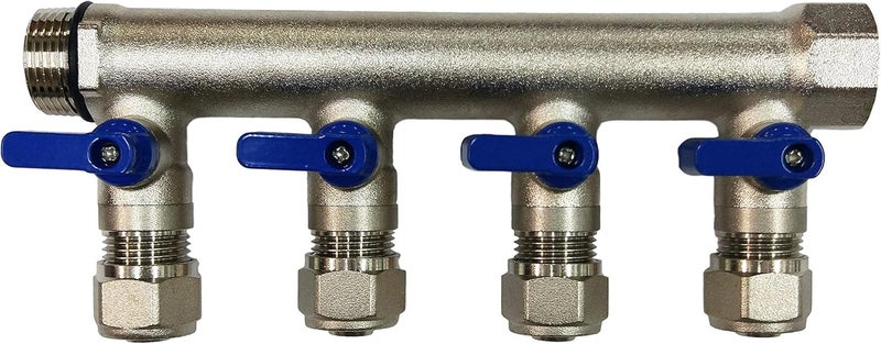 Fitting Stores 4 Loop Plumbing Manifold w/ 1" trunk & 1/2" pex ball valves, blue handle - Image 1