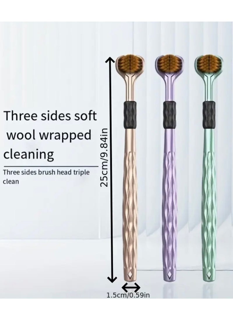 CleanWave - The Pure Effect 3-Pieces, 3 colors Triple-Sided Toothbrush Set (3-Pack) – Soft Bristles for 360° Cleaning of Teeth & Gums | Adult & Youth Dental Care, toothbrushes for Adults, Soft Bristle Toothbrush for Comprehensive Care of Teeth and Gums,(Purple, Green, Brown )  - Image 3