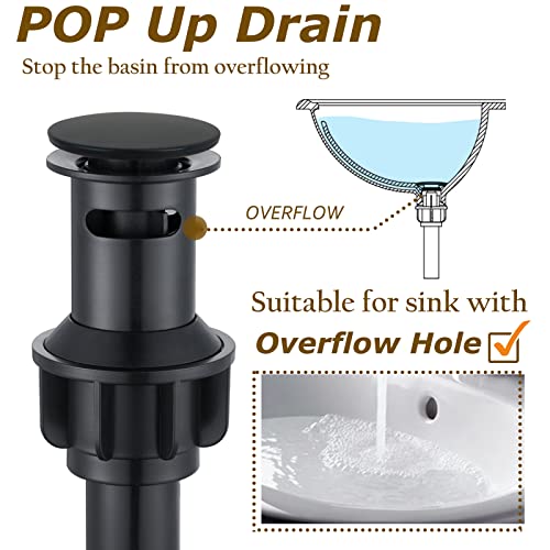 WINKEAR Roman Bathroom Sink Faucet Matte Black Single Hole Deck-Mount Pop-up Drain Assembly with Overflow Deck Plate and Water Supply Lines Included - Image 5