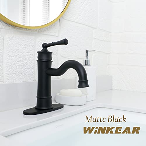WINKEAR Roman Bathroom Sink Faucet Matte Black Single Hole Deck-Mount Pop-up Drain Assembly with Overflow Deck Plate and Water Supply Lines Included - Image 2
