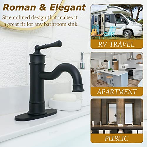 WINKEAR Roman Bathroom Sink Faucet Matte Black Single Hole Deck-Mount Pop-up Drain Assembly with Overflow Deck Plate and Water Supply Lines Included - Image 4