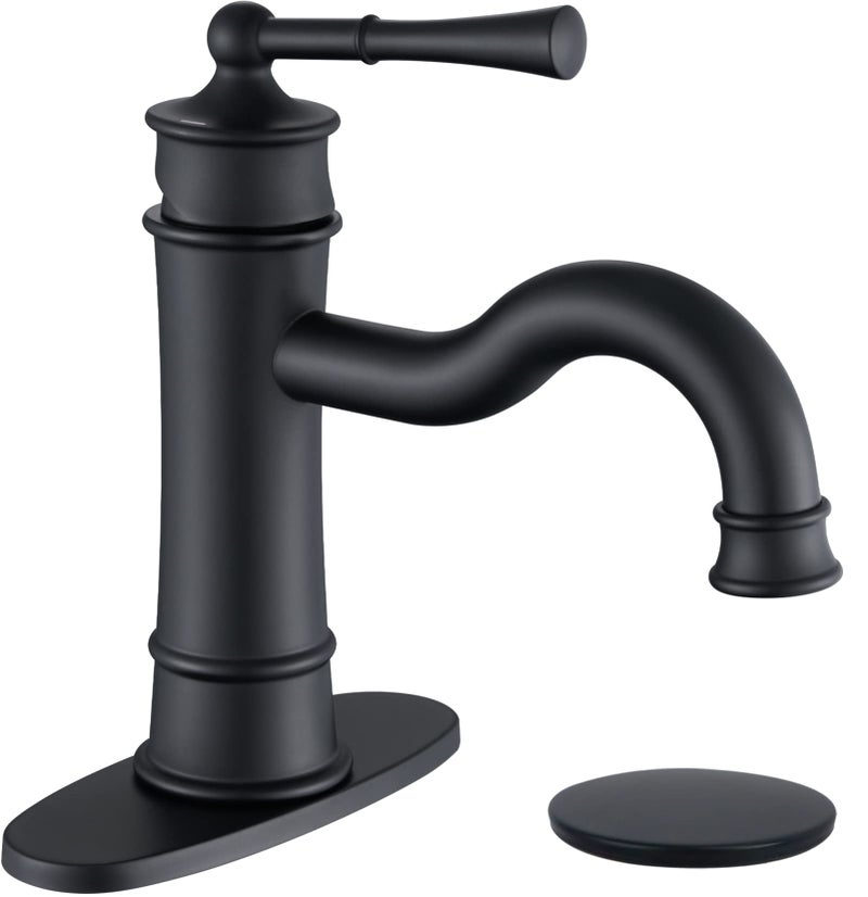 WINKEAR Roman Bathroom Sink Faucet Matte Black Single Hole Deck-Mount Pop-up Drain Assembly with Overflow Deck Plate and Water Supply Lines Included - Image 1