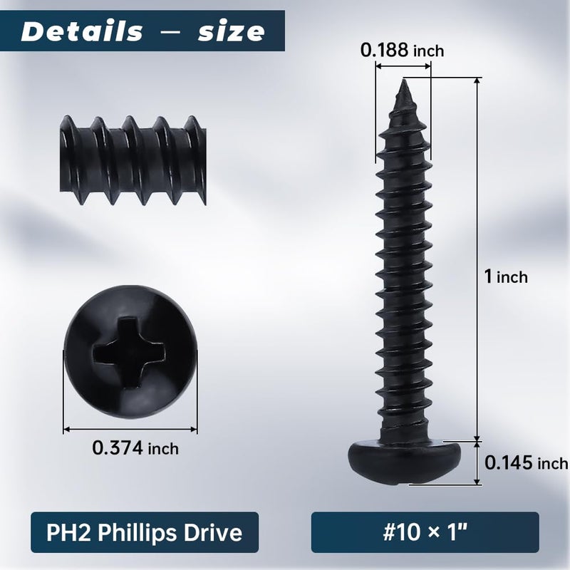 Glvaner #10 x 1 inch Phillips Pan Head Self Tapping Screws for Wood, Black Coated, 304 Stainless Steel 18-8, Round Head Sheet Metal Tek Screws, 50 pcs - Image 3