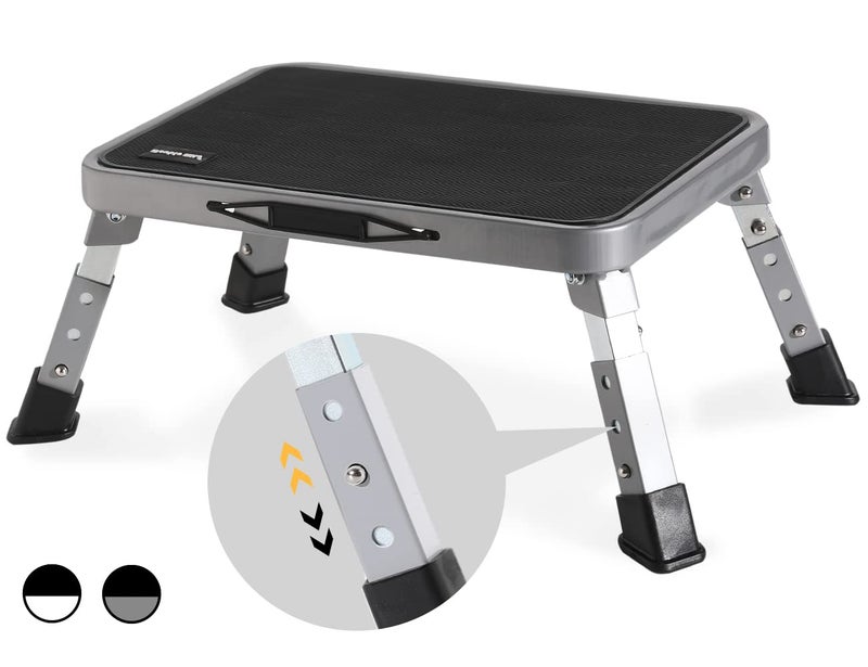 Double Elite 3 Levels Adjustable Folding Step Stools for Adults Sturdy Metal RV Step Safer Foldable Small Kitchen Stepping Stool for Kids Seniors Bed MultiUse Office Foot Stool Under Desk