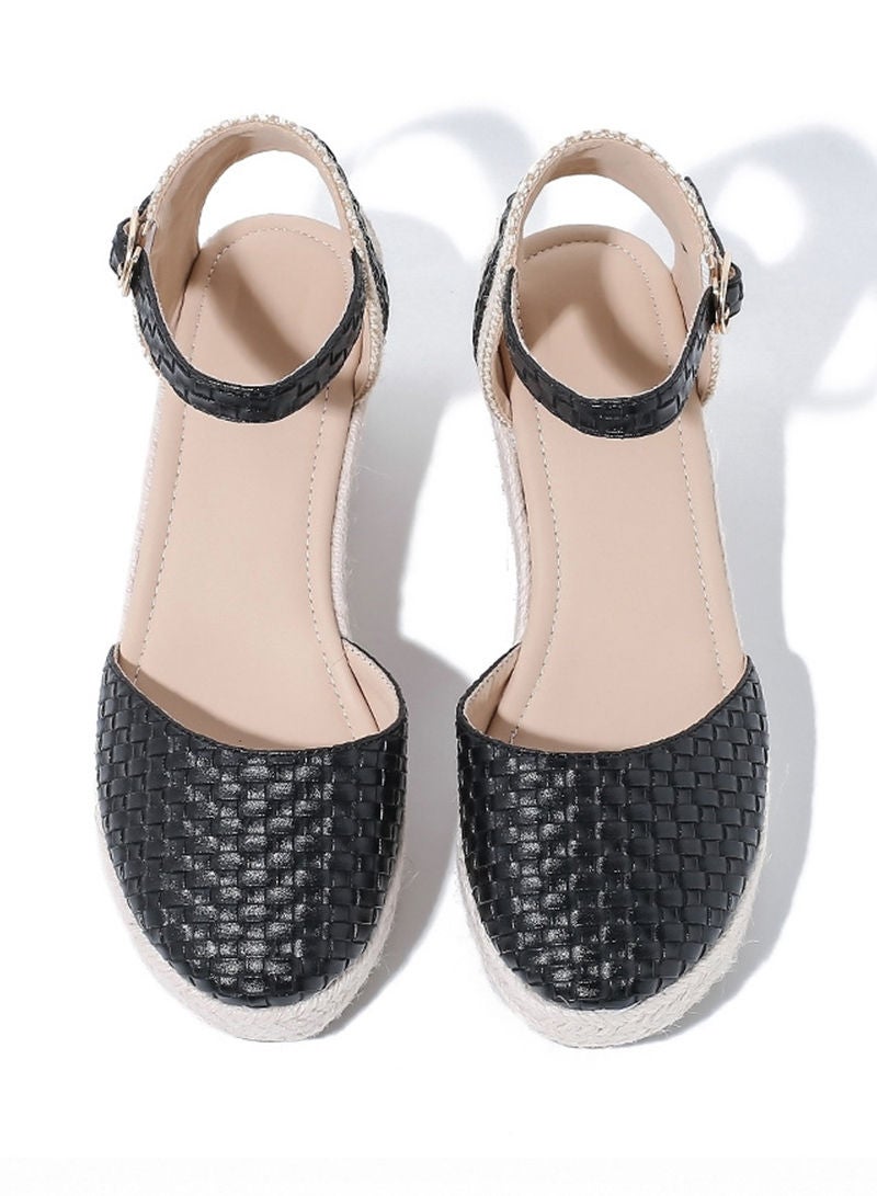 شاربدو صندل نسائي مغلق من الأمام من قماش إسبادريل أنيق ذو نعل سميك وشريط للكاحل ومقطع كاجوال صندل مضفر - Image 3