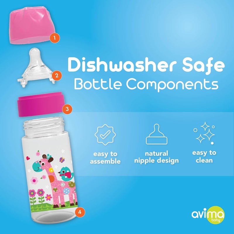Avima 9 oz Anti Colic Baby Bottles for Breastfed Babies  Medium Flow Nipples Wide Neck Bottle BPA Free  36 Months Stage 2 Set of 3 Pink Baby Bottles  Giraffes - Image 3