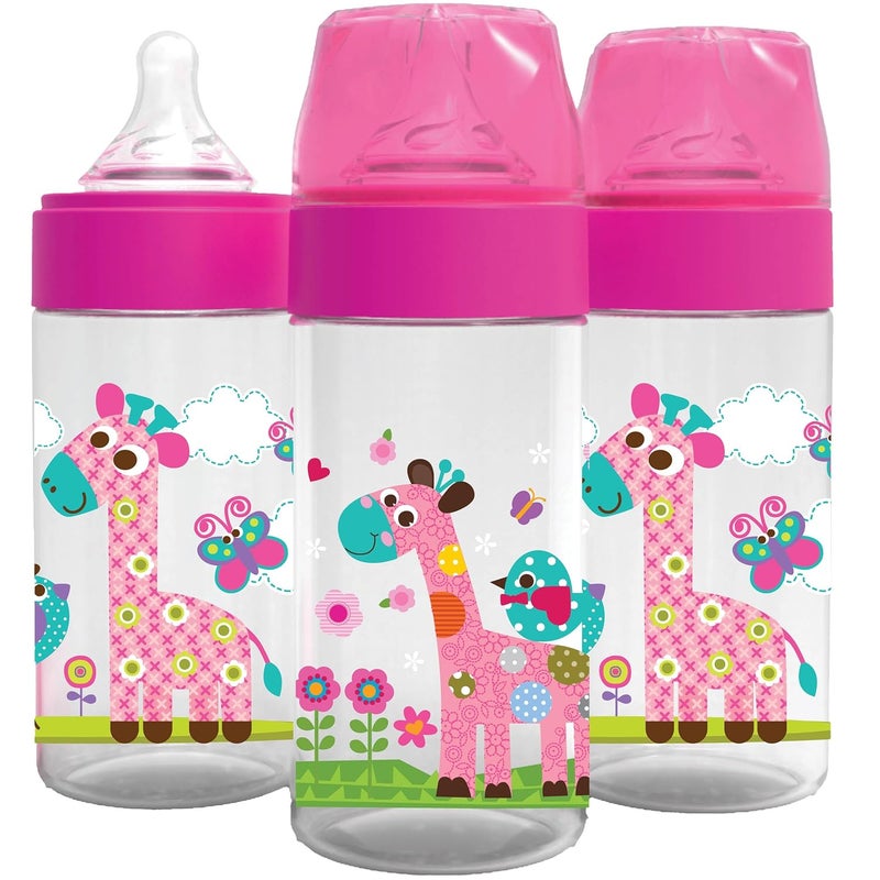 Avima 9 oz Anti Colic Baby Bottles for Breastfed Babies  Medium Flow Nipples Wide Neck Bottle BPA Free  36 Months Stage 2 Set of 3 Pink Baby Bottles  Giraffes - Image 1