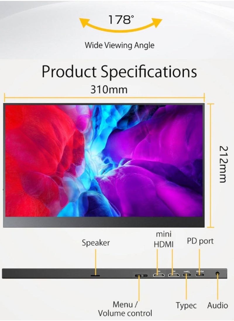 شاشة محمولة 14 بوصة 2.5K شاشة كمبيوتر محمول USB C HDMI للألعاب شاشة IPS فائقة النحافة غطاء ذكي ومكبرات صوت، شاشة 2560 * 1600P للكمبيوتر المحمول، HDR Plug&Play، شاشة خارجية للكمبيوتر المحمول والهاتف وماك وإكس بوكس